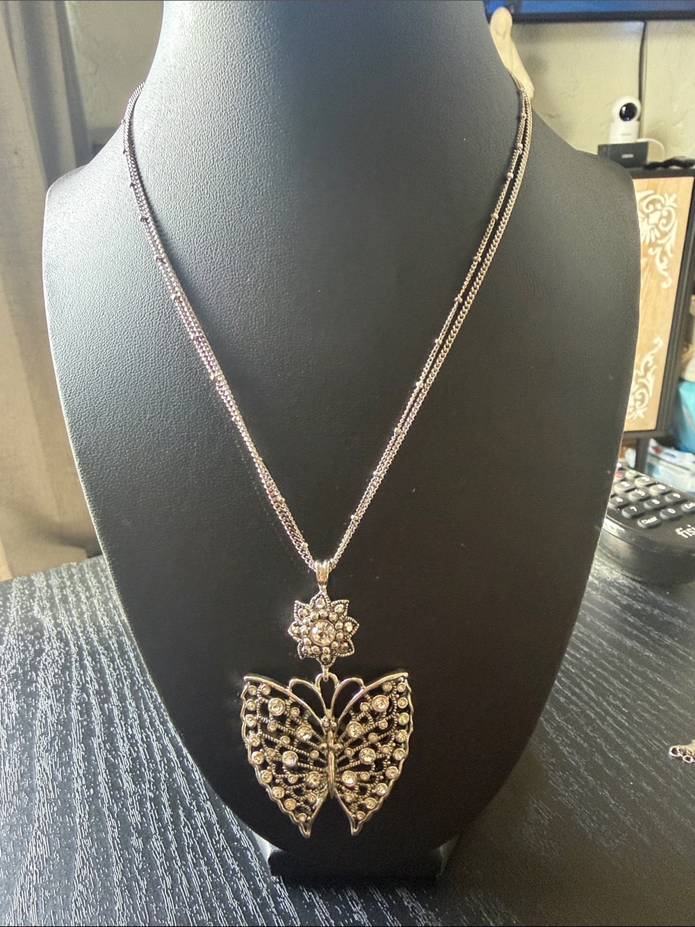 Source Unknown Gold Butterfly Pendant Necklace with Crystal Accents